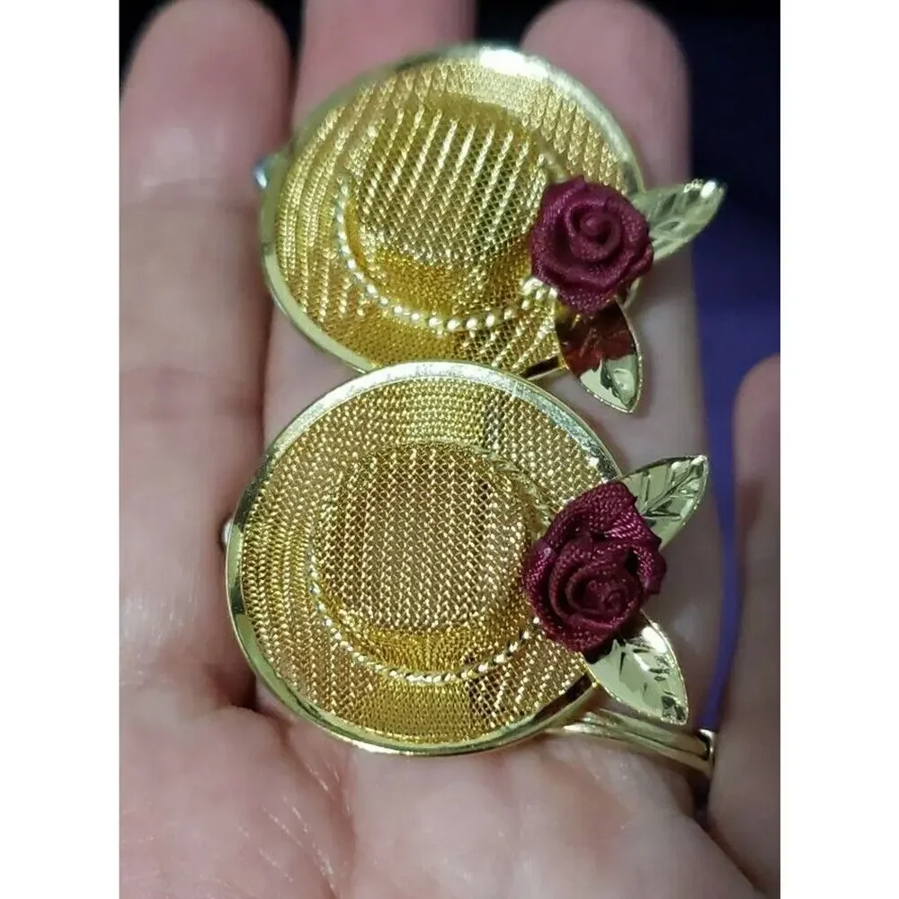 Straw Hat Pierced Earrings In Gold Tone Metal With Burgundy Flower Accent